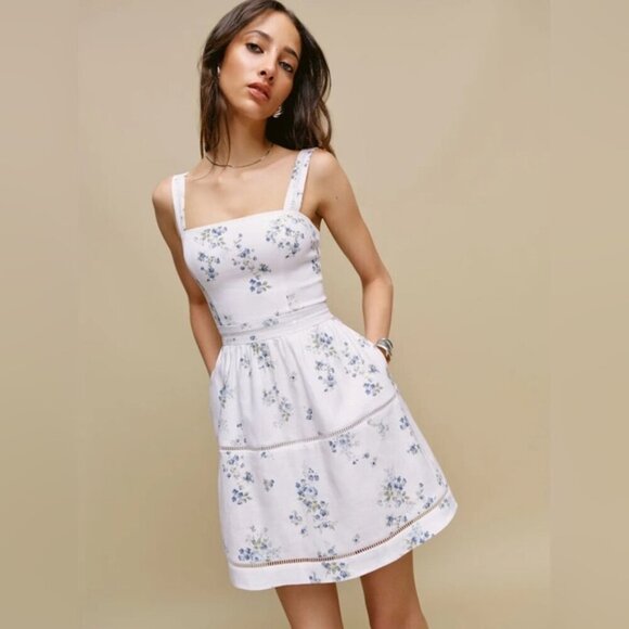 NEW Reformation Everett Mini Dress Truly White Blue Floral Linen | US 4 UK 8 - Picture 6 of 16